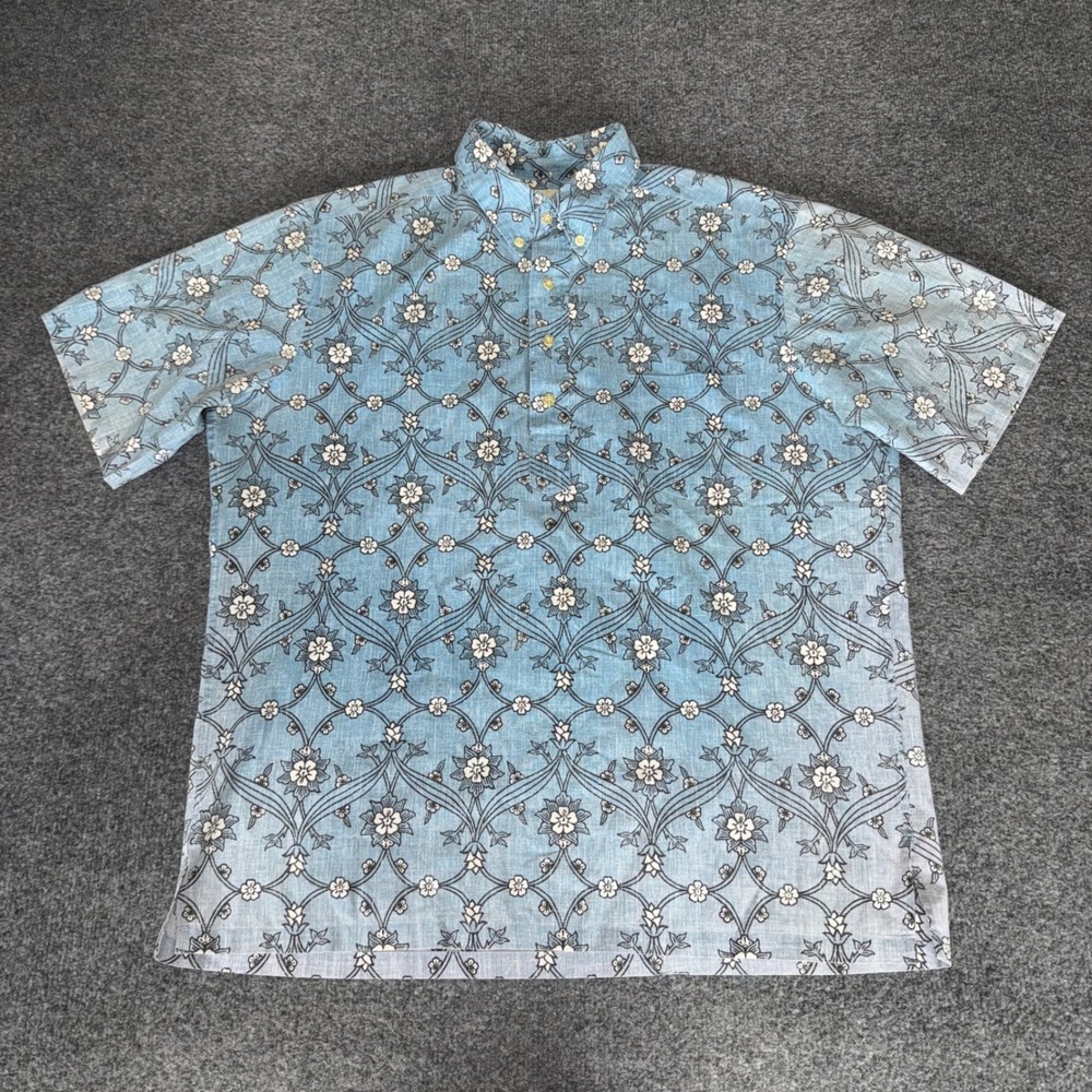 Reyn Spooner Popover Hawaiian Shirt Mens Large Blue Floral Damask Aloha Resort